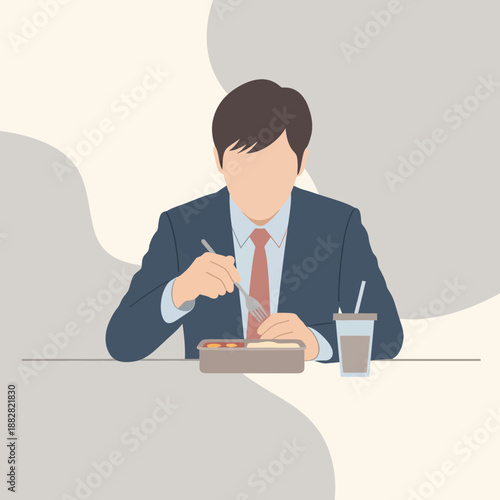 Corporate Individual Enjoying Lunch Break At The Table, Eating Meal And Drinking Beverage