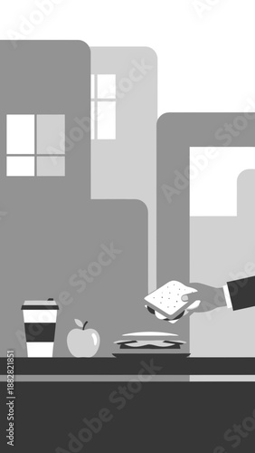 Conceptual Lunchtime: A Business Professional's Quick Bite Amidst Modern Urban Structures