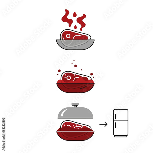 Conceptual Meat Preparation Process Illustrated in a Sequence Showing Cooking and Cooling