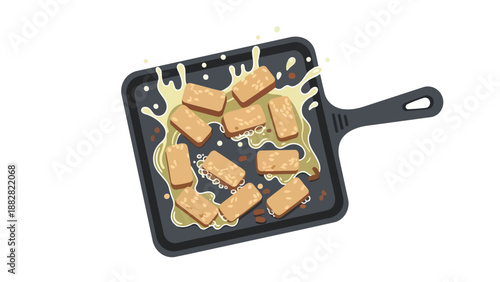 Delicious plant-based protein cooking in a hot pan with simmering golden liquid, perfect for healthy eating and vibrant culinary content creation.