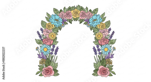 Colorful floral archway with roses lavender and wildflowers on white background for decoration and design
