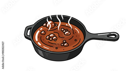 Bubbling brown stew in a traditional black frying pan, ready for a comforting meal