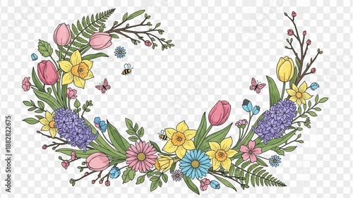 Spring floral wreath with delicate flowers and green leaves.