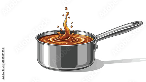 Dynamic culinary moment captured: a delicious brown liquid vigorously splashes within a sleek stainless steel saucepan, highlighting cooking