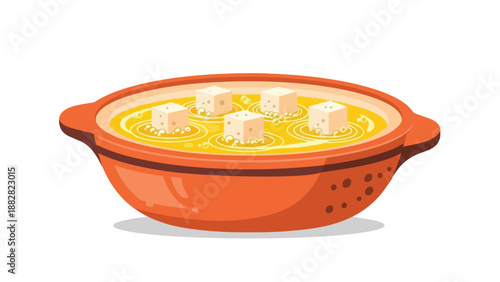 An inviting illustration depicting a vibrant orange earthenware bowl brimming with rich golden liquid soup and five perfectly cubed croutons