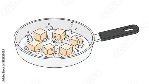 Simmering Cubes in Pan Minimalist Outline Illustration of Cooking Process for Healthy Meals
