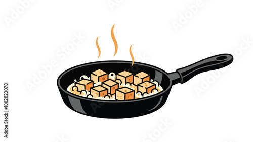 Golden fried tofu cubes cooking in a creamy sauce within a hot pan with steam rising.