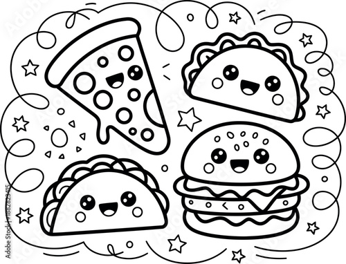 A playful coloring page featuring an array of cute fast food items including a slice of pizza a taco a burger and a ramen bowl with adorable faces