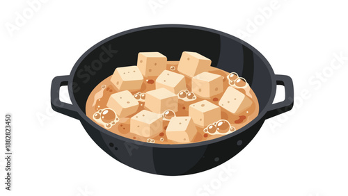Vibrant graphic illustration showcases plant-based tofu cubes gently simmering in savory golden-brown broth within a sturdy black cooking pot.