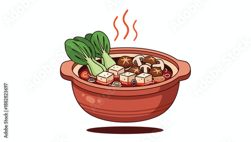A warm and inviting illustration of a steaming Asian hot pot filled with fresh bok choy savory tofu cubes and various earthy mushrooms bubbling in a