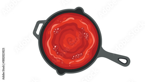 A top-down vibrant illustration of a rich red sauce gently simmering in a dark cast iron skillet, featuring delicate bubbles and smooth liquid