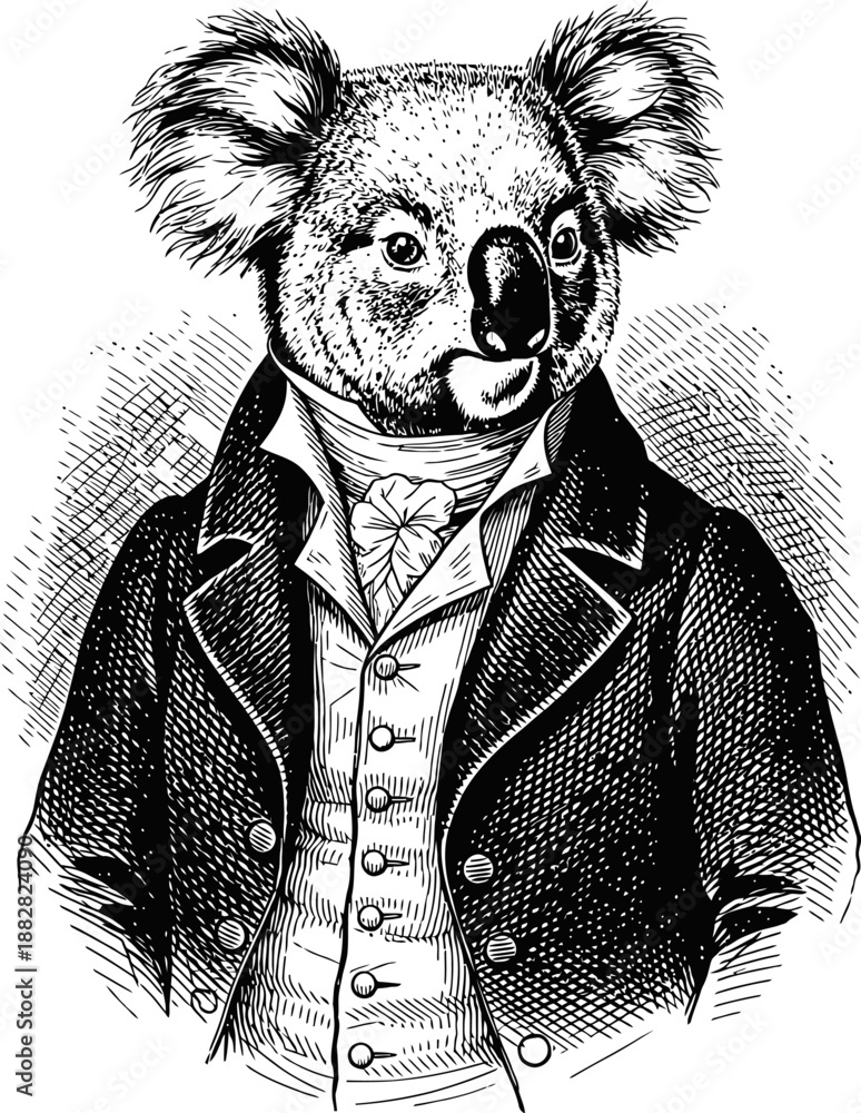 Fototapeta premium Vintage engraving of a koala dressed in victorian era formal suit and cravat