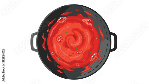 Vibrant red sauce bubbling vigorously in a sleek dark pot seen from an overhead perspective a culinary illustration