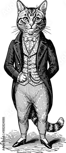 elegant anthropomorphic cat dressed in victorian formal suit with bow tie and waistcoat