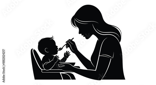 a black and white illustration depicting a woman feeding a baby showcasing a tender moment of care and nurturing silhouette