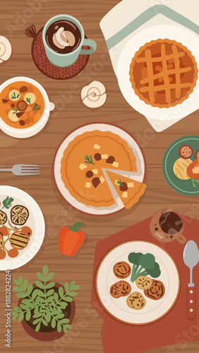 Cozy Culinary Collage Featuring Autumn Harvest Inspired Dishes And Warm Beverages