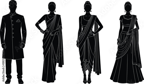 Indian traditional clothing silhouettes featuring man in sherwani and women in saree lehenga ethnic fashion poses for wedding cultural festival illustration and vector design isolated on white