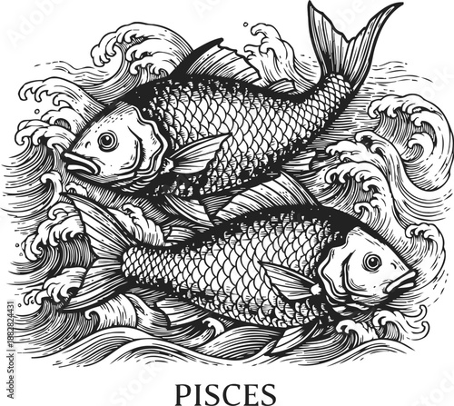 Pisces zodiac sign illustration with two detailed fish swimming in swirling water waves