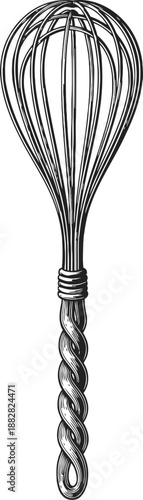 Hand drawn kitchen whisk with twisted handle, vintage cooking utensil illustration
