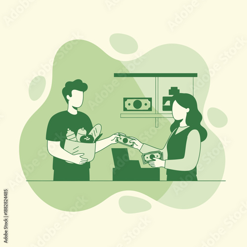 Customer Purchasing Groceries at a Store Counter with Money Payment Illustration
