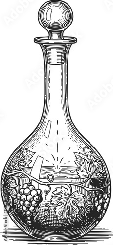 Vintage glass decanter with stopper and grapevine engraving, classic elegant design