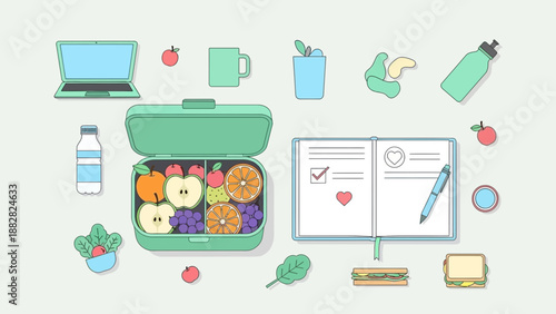 Daily Wellness And Healthy Eating Plan With Notebook And Balanced Lunchbox For A Fresh Start