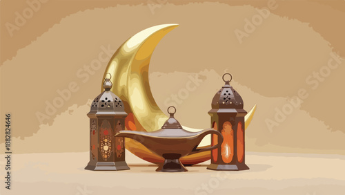 Golden crescent moon, ornate lanterns, and a magic lamp create a festive and mystical atmosphere for Ramadan and Islamic celebrations.