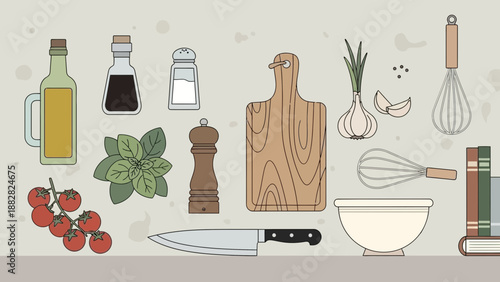 Culinary Composition: A Minimalist Kitchen Illustration Showcasing Fresh Ingredients