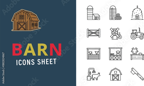Black outline icon sheet of farm and barn agricultural elements