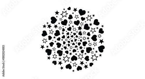 a striking black and white image featuring a circular arrangement of hearts and stars creating a whimsical and romantic visual silhouette