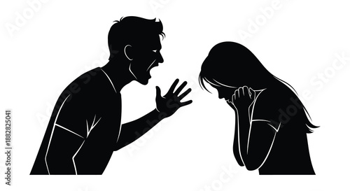 a dramatic illustration depicts a man shouting at a woman in distress portraying a tense moment with stark contrast silhouette