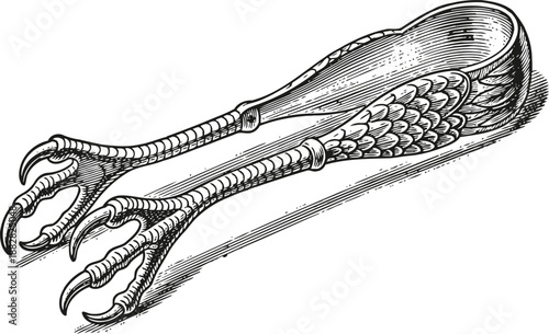 Vintage illustration of bird claw shaped tongs with detailed feathers and sharp talons