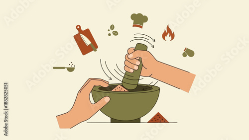 Culinary Creation: Mortar and Pestle Illustration for Cooking and Food Preparation