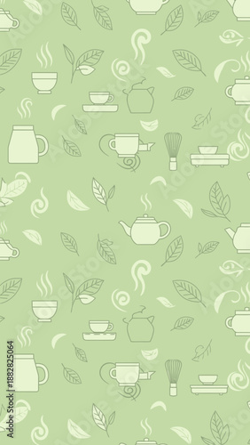 Delicate Tea Time Illustration Showcasing Teapots, Cups, and Leaves on a Light Green Background