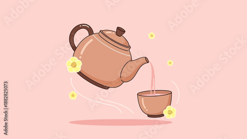 Delicate Tea Ceremony Illustration Featuring Teapot Pouring Tea Into a Cup With Floral Accents