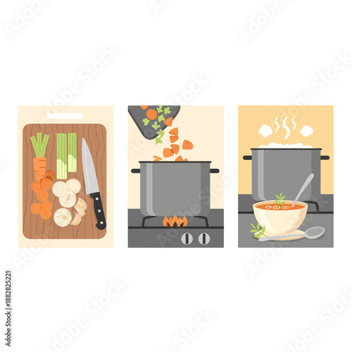 Culinary Harmony: Vegetable Preparation, Cooking Process, and Served Meal Depiction