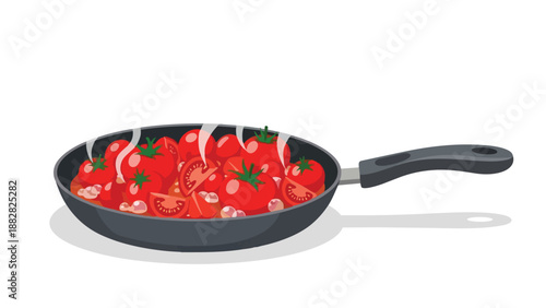 Vibrant red tomatoes gently simmering in a sleek pan, producing a delicious aromatic base for diverse culinary creations