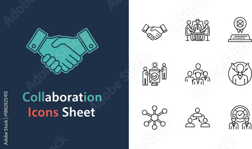 Black outline icon sheet of business teamwork and partnership symbols