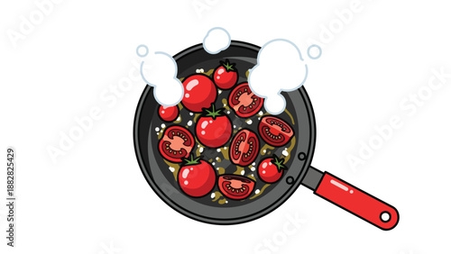 Vibrant red garden tomatoes simmering gently in a hot black skillet releasing aromatic steam for a fresh and flavorful homemade culinary delight