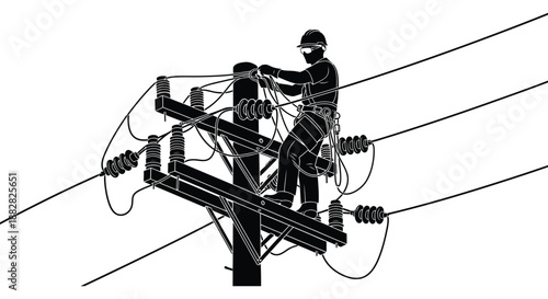 a stark black and white image depicts a worker on a utility pole repairing electrical lines a detailed silhouette high quality