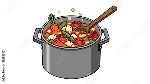 A vibrant illustration of a rustic vegetable stew simmering in a sturdy cooking pot, filled with wholesome ingredients and a wooden spoon ready for