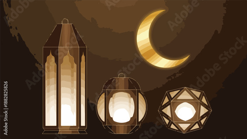 Islamic crescent moon and traditional lanterns glowing in the night, Ramadan Kareem festive celebration