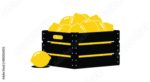 a dark wooden crate overflowing with bright yellow lemons a single lemon sits outside depicted as a striking silhouette high quality