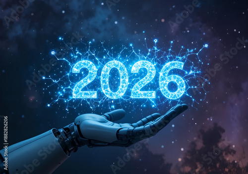 Artificial intelligence hand with 2026 neural network hologram and space background