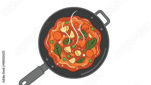 Wholesome vegetable stew richly steaming in a pan. Fresh green peas, orange carrots, potato chunks, vibrant spinach leaves mingle in savory broth