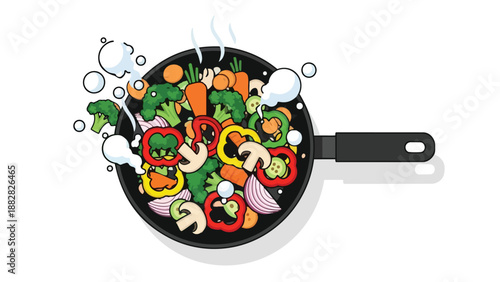 Vibrant sautéed garden vegetables sizzling in a sleek black pan, illustrating a healthy culinary preparation with steam rising from fresh ingredients