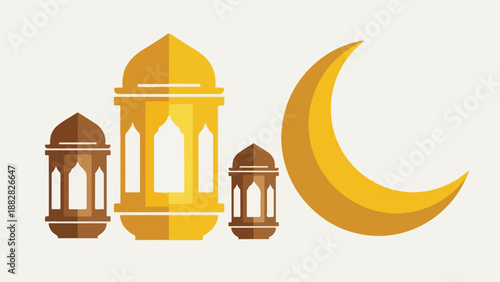 Islamic crescent moon and traditional lanterns, Ramadan and Eid celebration symbols, vector illustration
