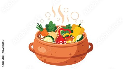 A vibrant wholesome illustration showcasing a steaming rustic cooking pot brimming with a diverse medley of garden fresh vegetables prepared for a