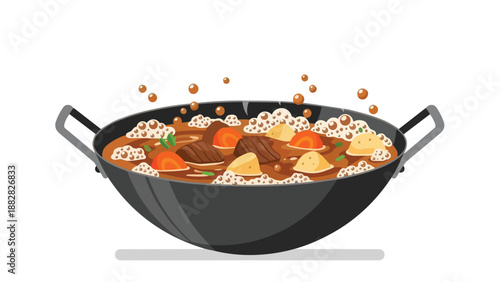 Hearty Meat and Vegetable Stew Simmering in a Wok with Gentle Bubbles and Steam Rising Deliciously, offering a comforting and flavorful culinary
