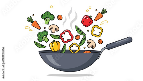 Vibrant fresh vegetables artfully tossed in a dark cooking wok, with steam gently rising, depicting healthy culinary creation and dynamic stir-fry